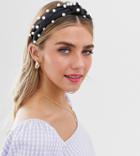 My Accessories London Exclusive Black Satin Headband With Pearl Embellishment