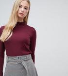Warehouse Ribbed High Neck Top With Lettuce Hem In Berry - Purple