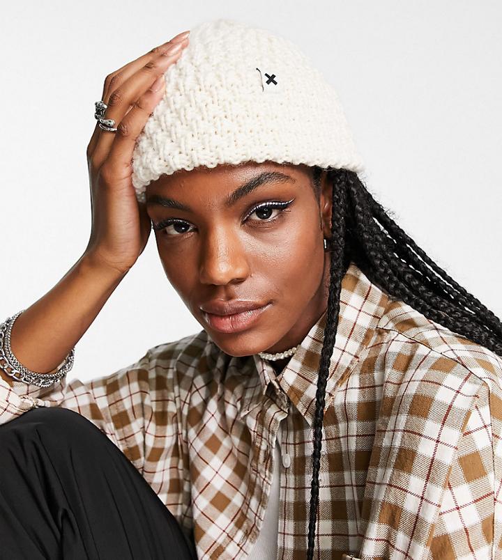 Collusion Unisex Crochet Fisherman Beanie In Ecru-white