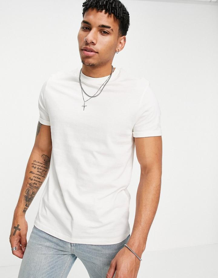 Asos Design T-shirt With Roll Sleeves In Cream-white