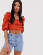 Missguided Square Neck Crop Top With Puff Sleeves In Rust - White
