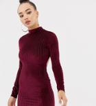 Missguided Ribbed Velvet Open Back Mini Dress In Burgundy - Red