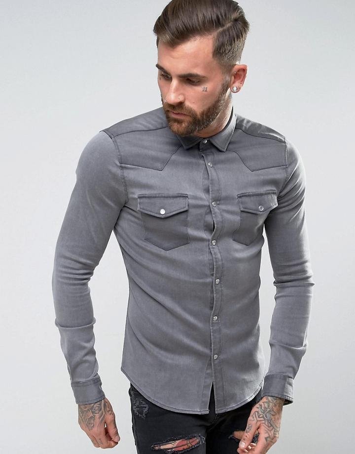 Asos Skinny Western Denim Shirt In Gray - Gray