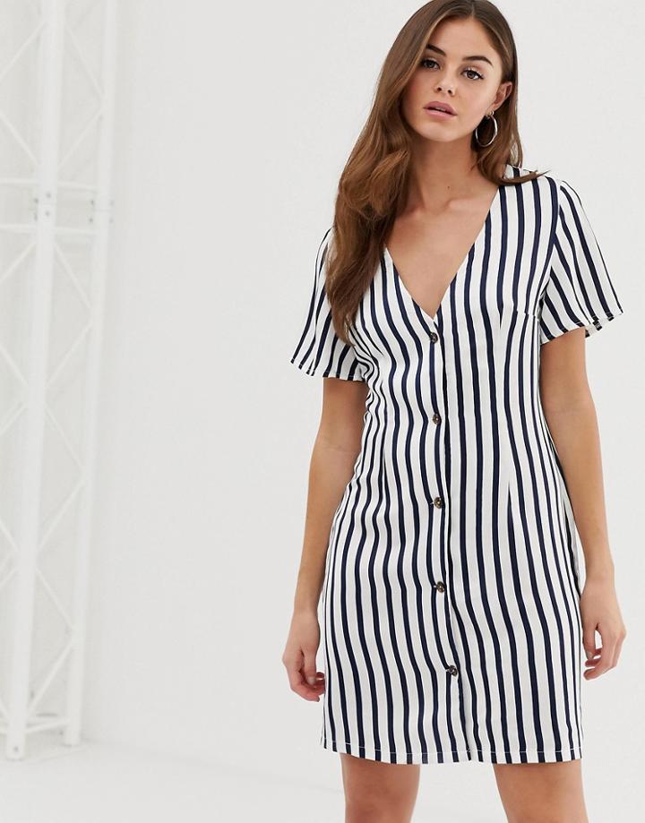 Prettylittlething Button Through Midi Dress In Black And White Stripe - Stone