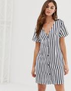 Prettylittlething Button Through Midi Dress In Black And White Stripe - Stone