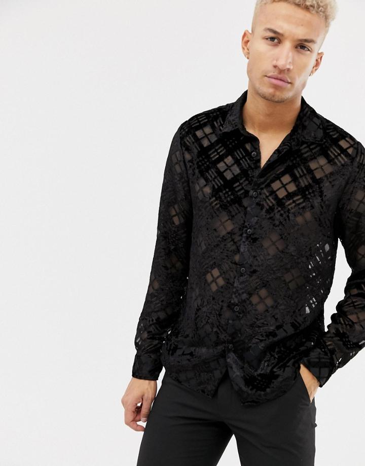 Asos Design Regular Fit Argyle Burnout Check Shirt In Black - Black