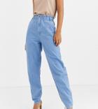Asos Design Tall Soft Peg Jeans In Light Vintage Wash With Elasticated Cinched Waist Detail-blue