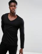 Asos Long Sleeve T-shirt With Deep V Neck - Black