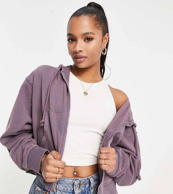 Asos Design Petite Oversized Zip Through Hoodie In Washed Purple