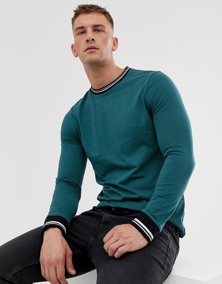 Asos Design Long Sleeve T-shirt With Tipping In Green - Green