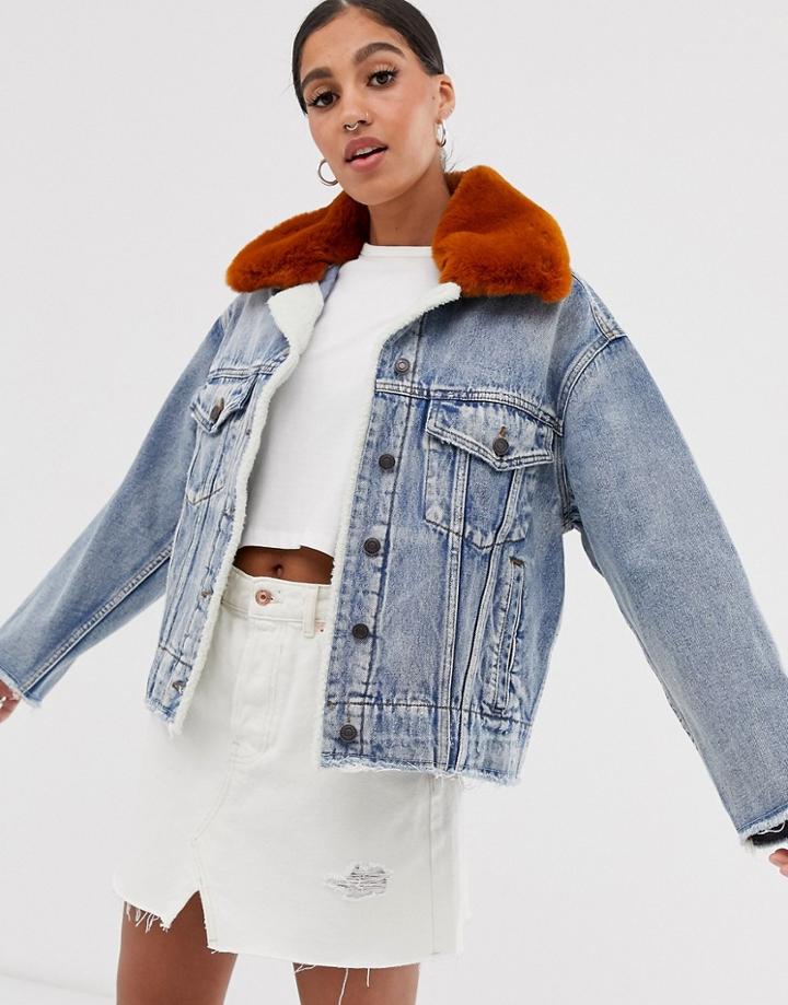 Signature 8 Faux Fur Collar Denim Jacket - Blue