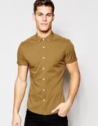 Asos Skinny Shirt In Camel Twill With Short Sleeves - Camel