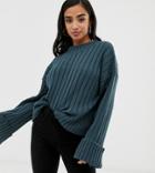 Boohoo Petite Ribbed Wide Sleeve Sweater In Mid Blue - Blue