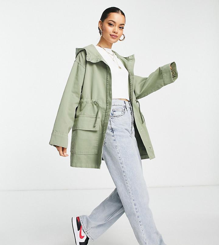 Asos Design Petite Lightweight Parka In Sage-green