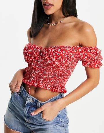 Love Triangle Crop Milk Maid Top In Red And White Ditsy Floral Set-multi