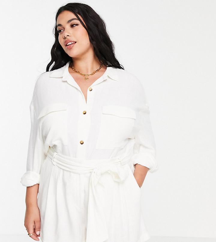 Asos Design Curve Linen Suit Shacket In White