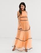 True Decadence Premium Off Shoulder Maxi Dress With Contrast Trim In Apricot-pink