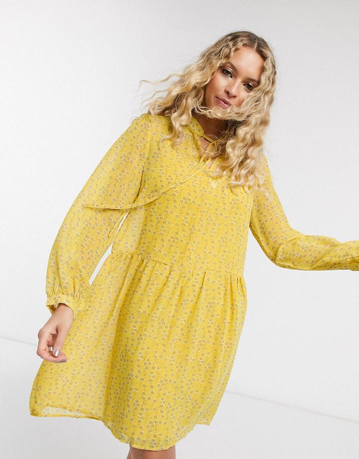 Only Chiffon Smock Dress With Neck Tie In Yellow Ditsy Floral-multi