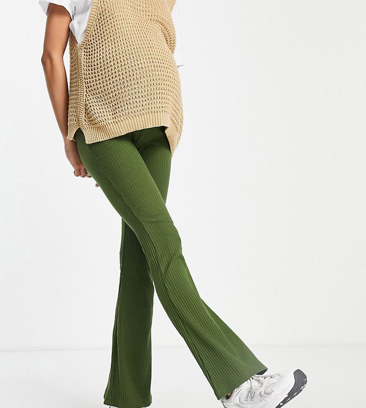Asos Design Maternity Ribbed Kick Flare Pants In Khaki-green