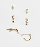 Pieces 3 Pack Moon & Stars Mix Earrings In Gold