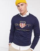 Gant Archive Embroidered Shield Logo Crew Neck Sweatshirt In Evening Blue-navy