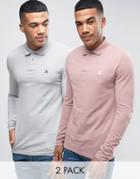 Asos 2 Pack Long Sleeve Pique Muscle Polo In Pink/gray Save - Multi