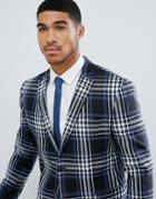 Boohooman Skinny Fit Large Check Suit Jacket In Blue - Blue