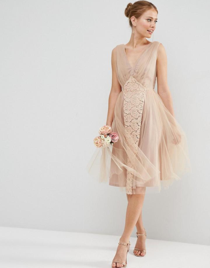 Asos Wedding Mesh And Lace Insert Midi Prom Dress - Blush