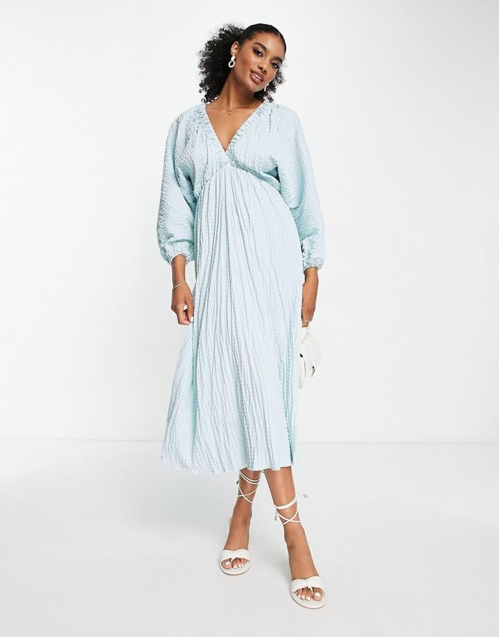 Asos Design Textured Plunge Maxi Dress With Batwing Sleeve In Blue