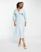 Asos Design Textured Plunge Maxi Dress With Batwing Sleeve In Blue