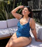 New Look Plus Ruched Side Swimsuit In Blue Animal-blues