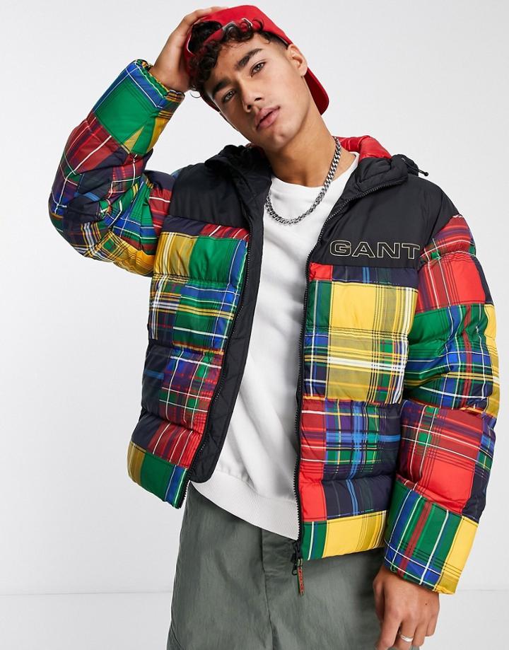 Gant Logo Patchwork Print Hooded Puffer Jacket In Black