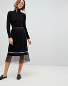 Sisley Pleat Midi Skirt With Sheer Panel - Black