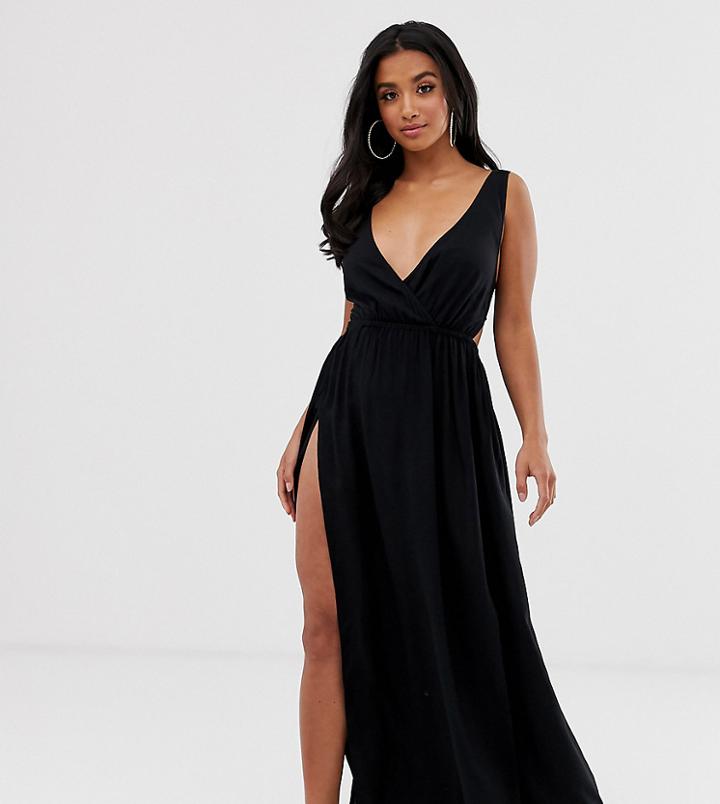 Asos Design Petite Tie Back Cross Front Split Maxi Beach Dress In Black