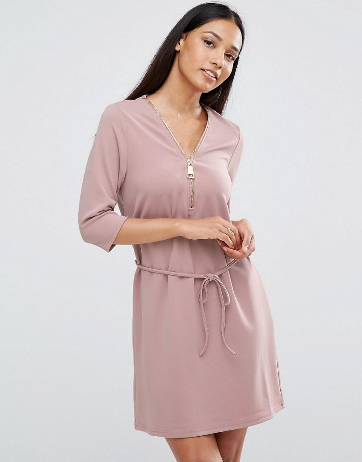 Ax Paris Zip Front Belted Tunic Dress - Purple