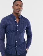 Asos Design Slim Fit Grandad Collar Shirt With Blue & White Stripe-multi