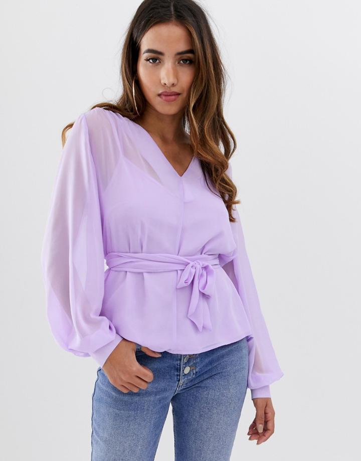 Asos Design Long Sleeve Sheer Belted Top With Sleeve Detail-purple