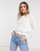 Asos Design Sweater With Frill And Button Placket Detail In Cream-white