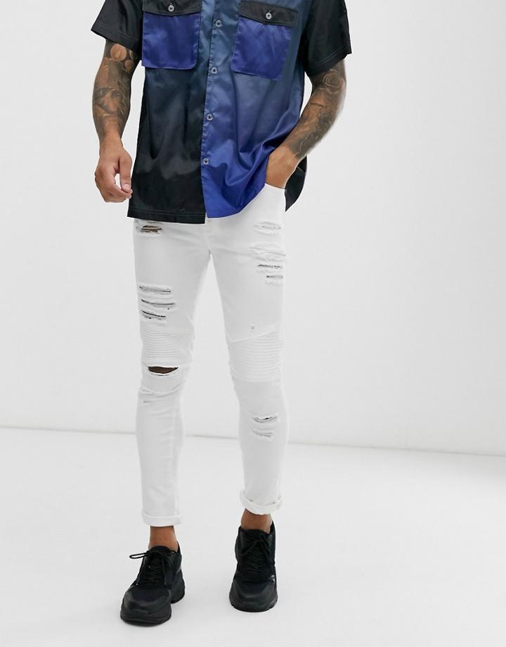 Asos Design Super Skinny Biker Jeans In White With Heavy Rips