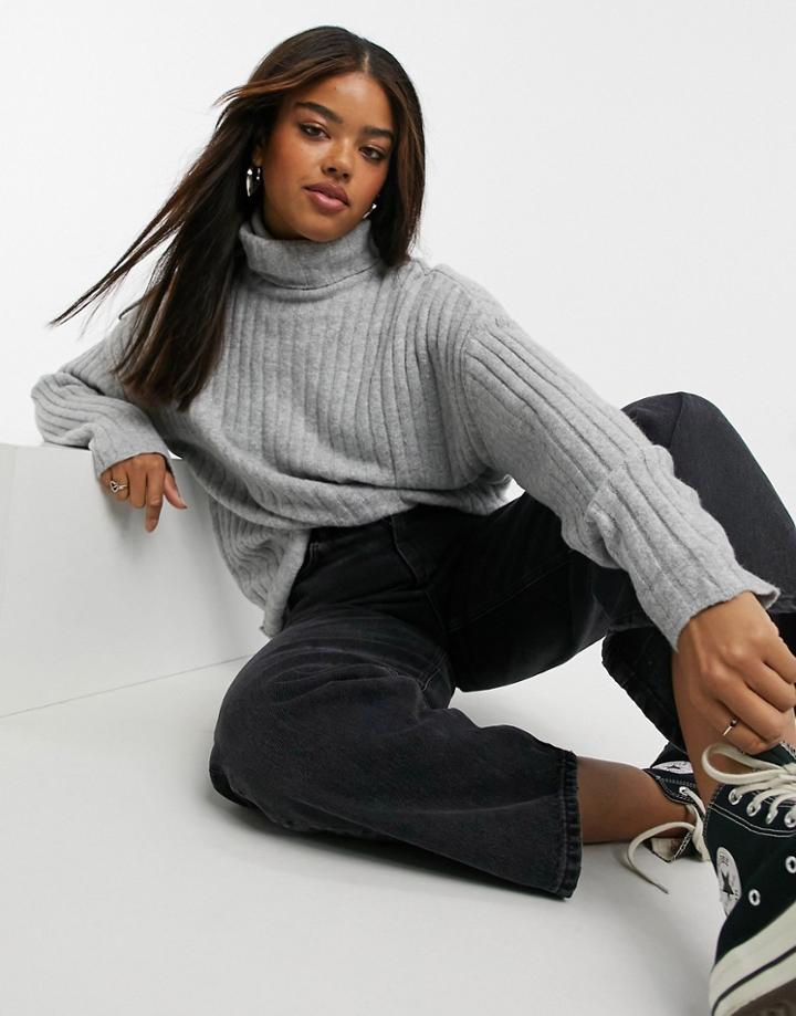 Bershka Oversized Wide Ribbed Rollneck Sweater In Gray-grey