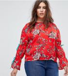 Glamorous Curve Top With Wide Ribbon Tie Sleeves In Floral