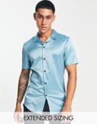 Asos Design Skinny Satin Shirt In Petrol Blue
