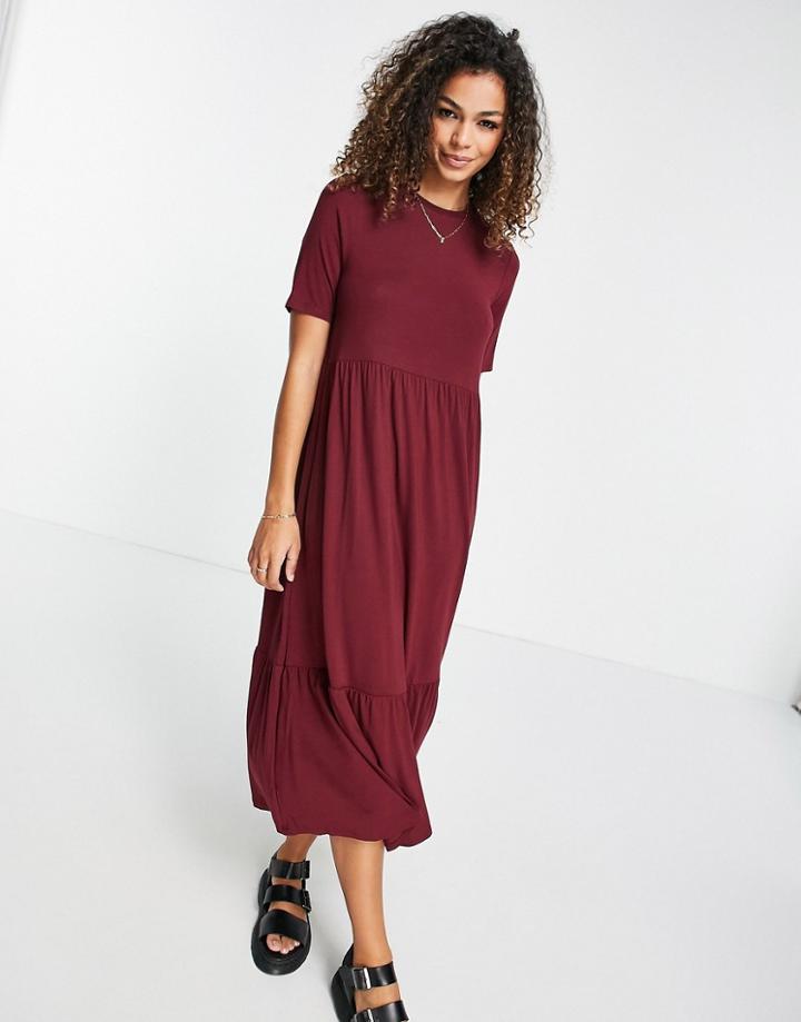 Asos Design Tiered Smock T-shirt Midi Dress In Oxblood