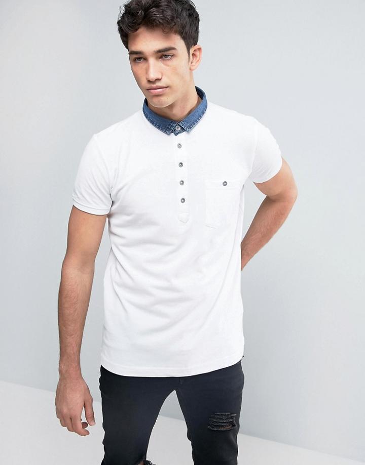 Brave Soul Polo Shirt With Denim Collar - White