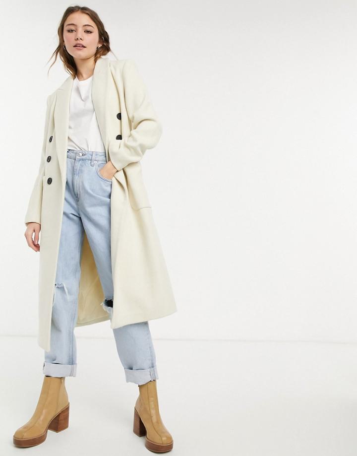 Stradivarius Long Belted Coat In Ecru-white