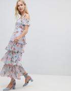 Walter Baker Floral Print Tiered Maxi Dress - Blue