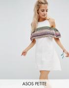 Asos Petite Geo-tribal Sundress With Cold Shoulder Detail - White