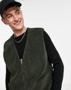 Topman Borg Vest In Khaki-green