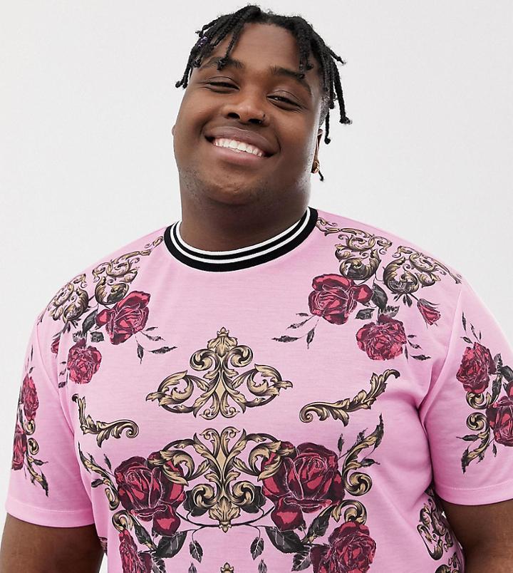 Asos Design Plus Relaxed T-shirt With All Over Baroque And Rose Print - Black