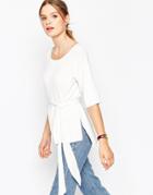 Asos Knitted Tee In Structured Knit With Belt - White